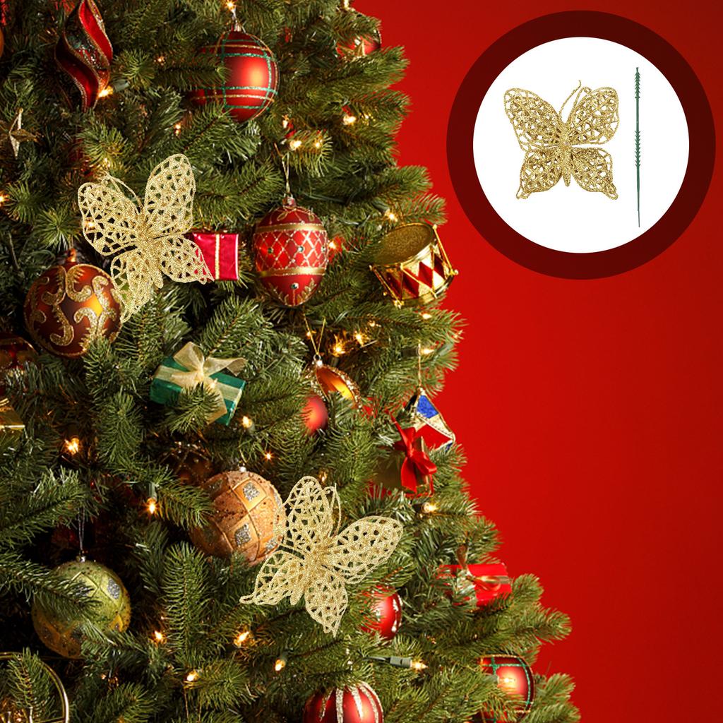 6Pcs 15Cm Red Christmas Butterfly Decorations Festive Sparkling Ornaments for Tree Wreath Wedding Party Home Garden Floral