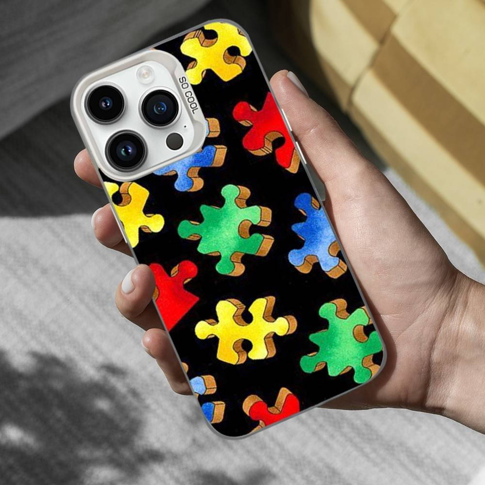 Puzzle Art Support Autism Phone Case For iPhone 16,15,14,13,12,11,Mini,XS,Pro,SE,MAX White Matte Shockproof Cover