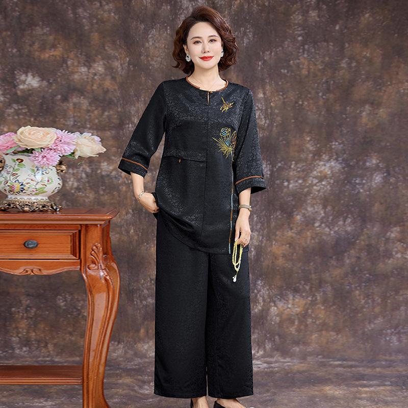 Chic Embroidered Chinese Style Loose Two-Piece Set for Women - Plus Size Spring/Summer 2026 Collection 4XL чёрный