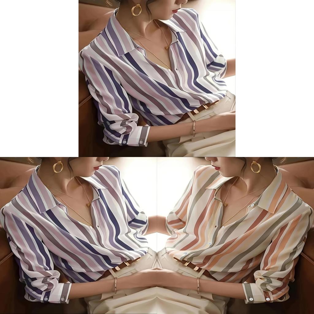 Womens Striped Long Sleeve Shirt With Spliced Fabric For Elegant Office Wear