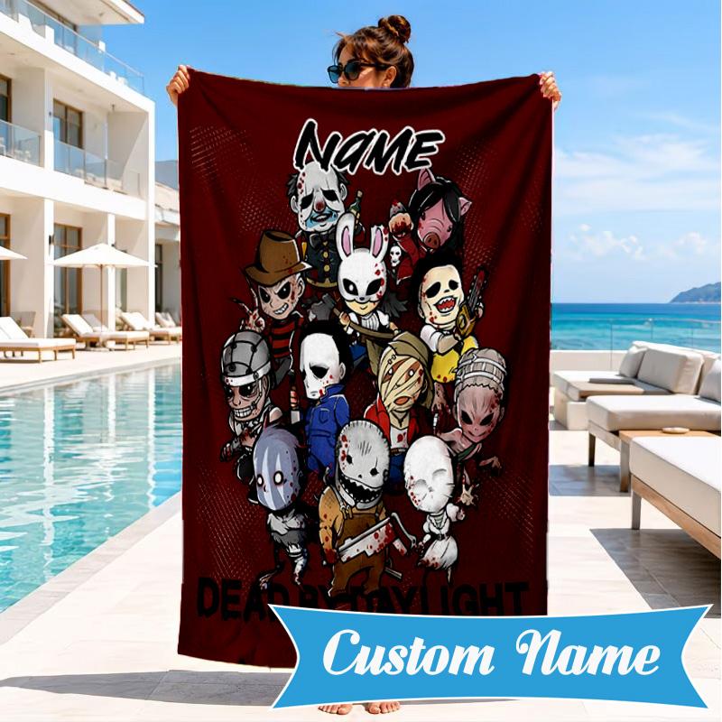 Custom Name Halloween Horror Movie Beach Towel Microfiber Beach Towel, Lightweight and Quick-Dry, for Summer Travel, Swimming Pool Gift