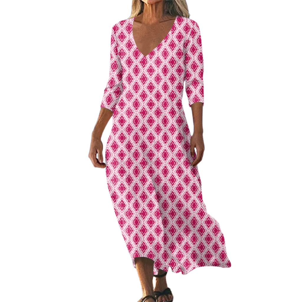 Dresses For Womens Vintage Print Tunic Waisted Midi Dress Summer Casual 3/4 Sleeve Dress