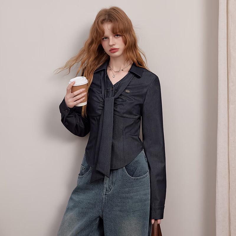 UNIFREE Women's Retro Pleated Long Sleeve Shirt with Tie