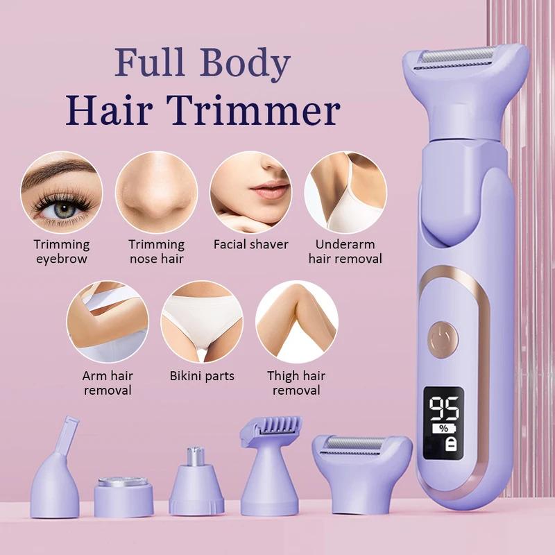 Afeitadora eléctrica 5 en 1 para mujer, afeitadora corporal, recortadora de vello para axilas, bikini, brazos, piernas, rostro y bigote, portátil, indolora.