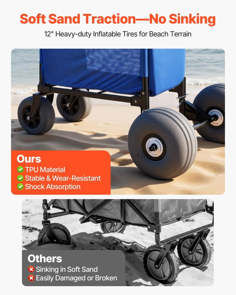 Beach Cart with Large Wheels for Sand, 75kg Load Capacity, Heavy Duty Folding Beach Wagon with 300 mm Balloon Wheels, Storage Bag, 845-1140 mm