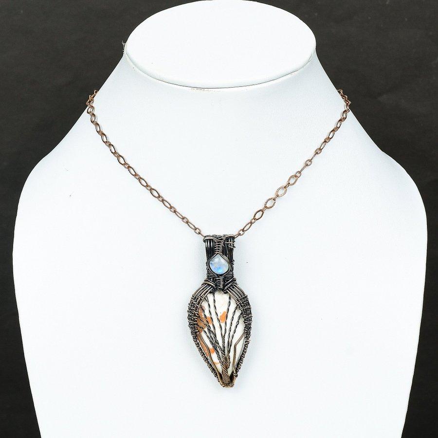 Orange Scolecite, Moonstone Gemstone Copper Wire Wrap Jewelry Pendant 3.35"