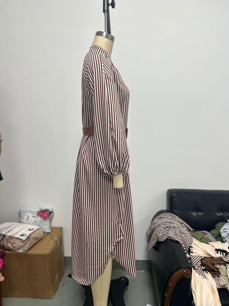 European and American Women's V-Neck Striped Belt Shirt Dress - Autumn 2025 Fashion