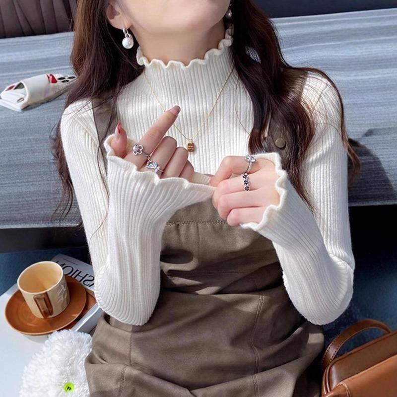 Super good-looking fungus edge bottoming shirt women's autumn and winter with white knitted sweater semi-turtleneck sweater