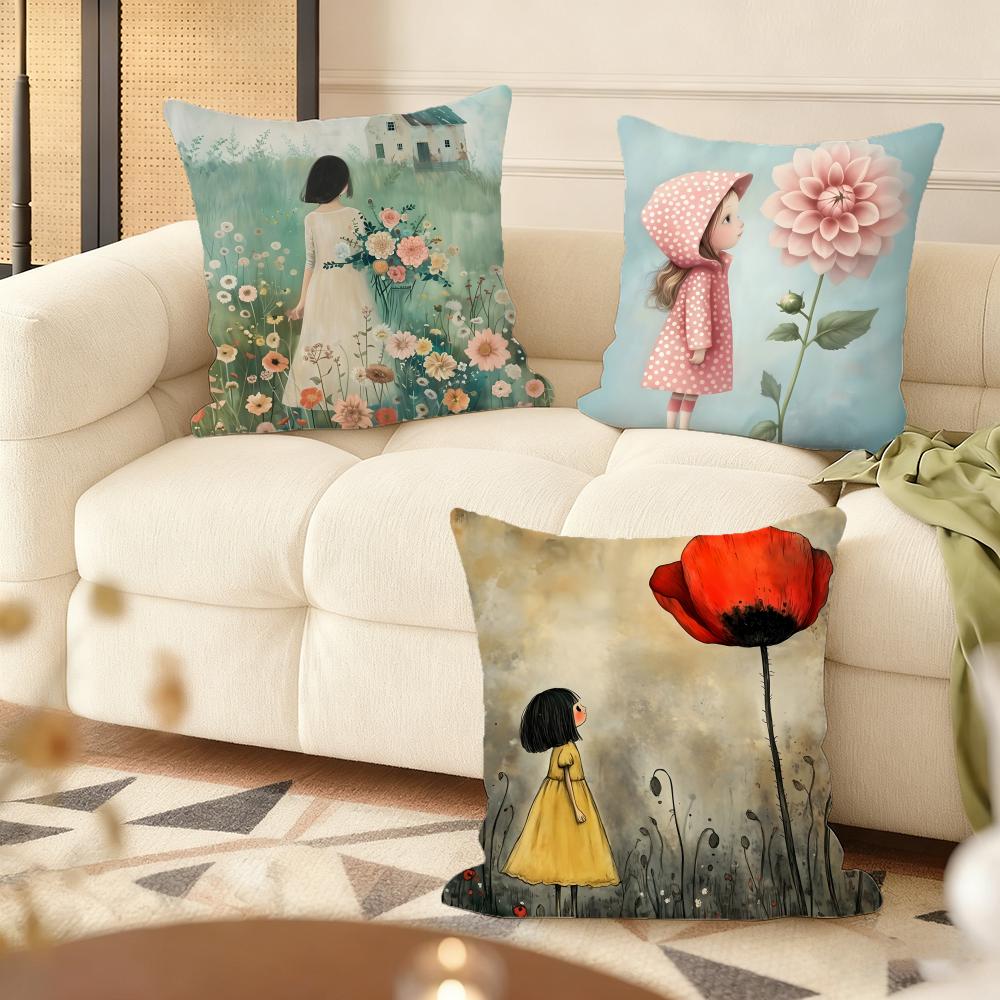 The girl is holding flowers Cushion Cover Soft Plush DoubleSided Printed Sofa Pillow Cushion Cover  Cozy AllSeason Decor Gift