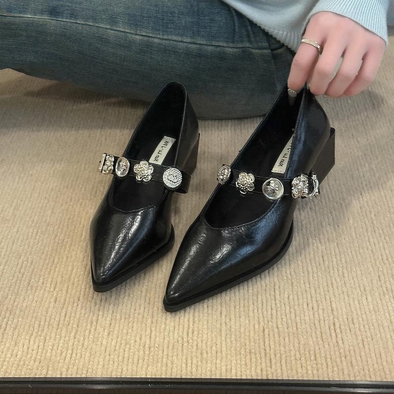 

Temperament pointed single shoes women s thick heel 2025 new light mouth commuter metal one-word buckle white Mary Jane shoes 40