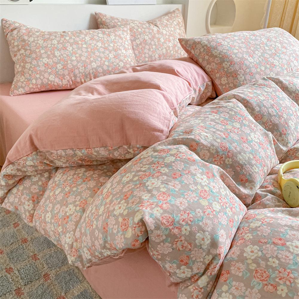 Pure Cotton Class A Maternal And Infant Grade Double-Layer Yarn Four-Piece Set, Summer Breathable Small Floral Dormitory Can Be Washed Without Pilling