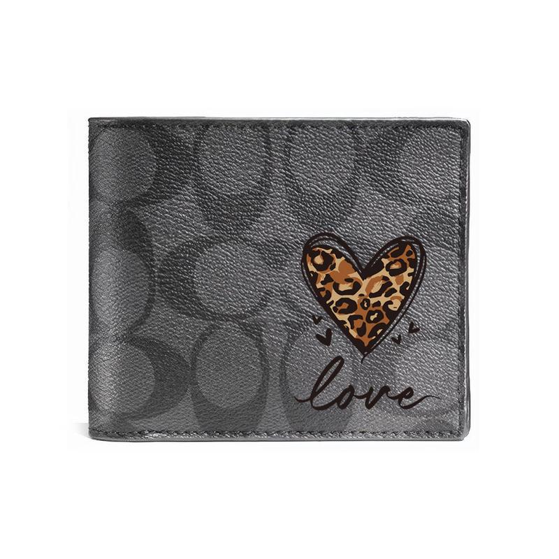 

COACH wallet [Customized bag] 3 IN 1 Hand-painted personalized graffiti Embossed printed short folding belt with detachable Black (leopard print love) чорний