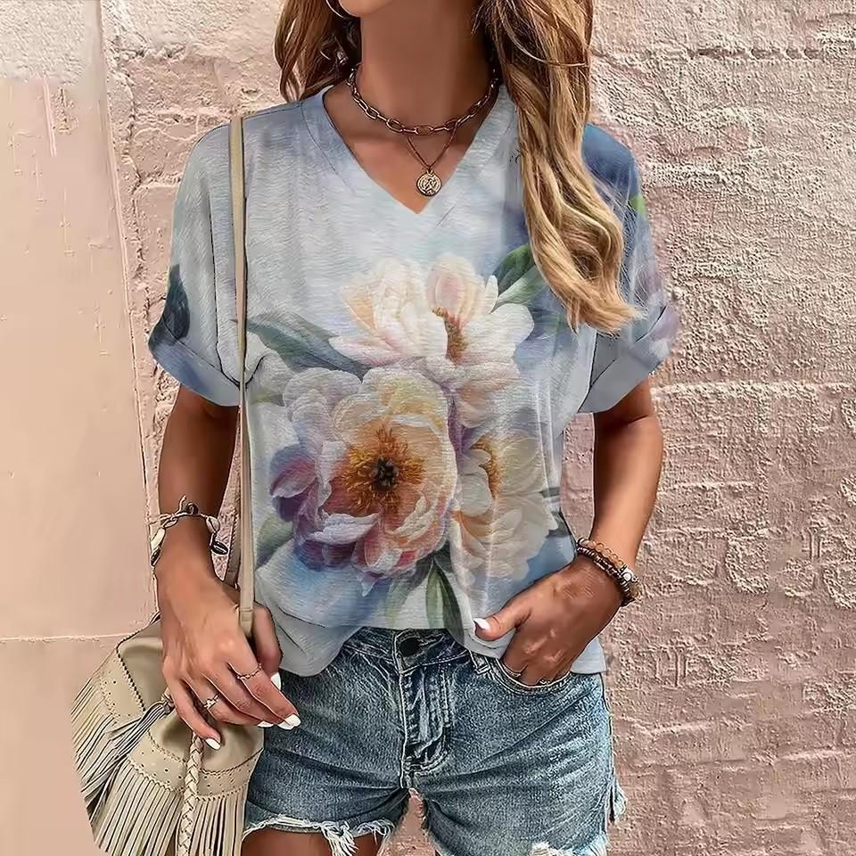 Women's Summer V-neck T-shirt Flower Printed Casual Tops Cubic Sleeve T Shirt Fashion Street Pullover OverSize Women's Clothing