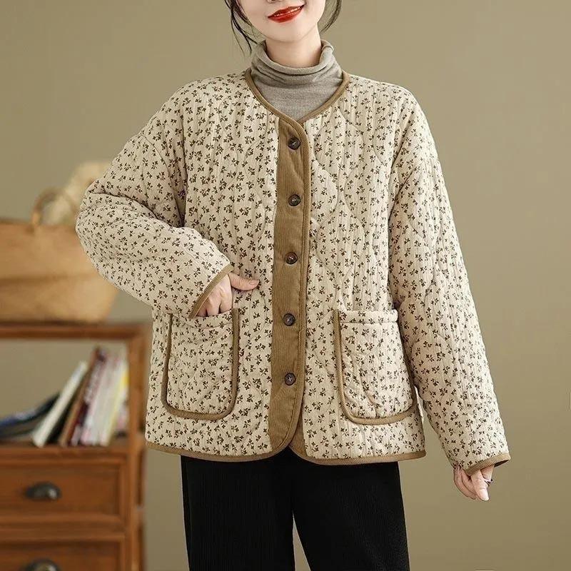 Coat for Women Winter Floral Collarless Thermal Plus Size Thickened Casual Oversize Double Layer Jacket