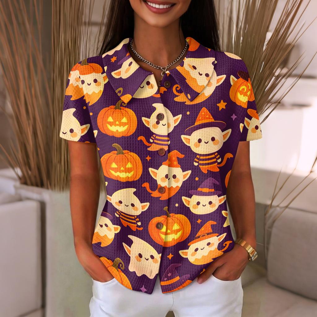 Women's Casual Button Front Waffle Knit Shirt Halloween Print Short Sleeve Top Lightweight Comfortable Relaxed Fit