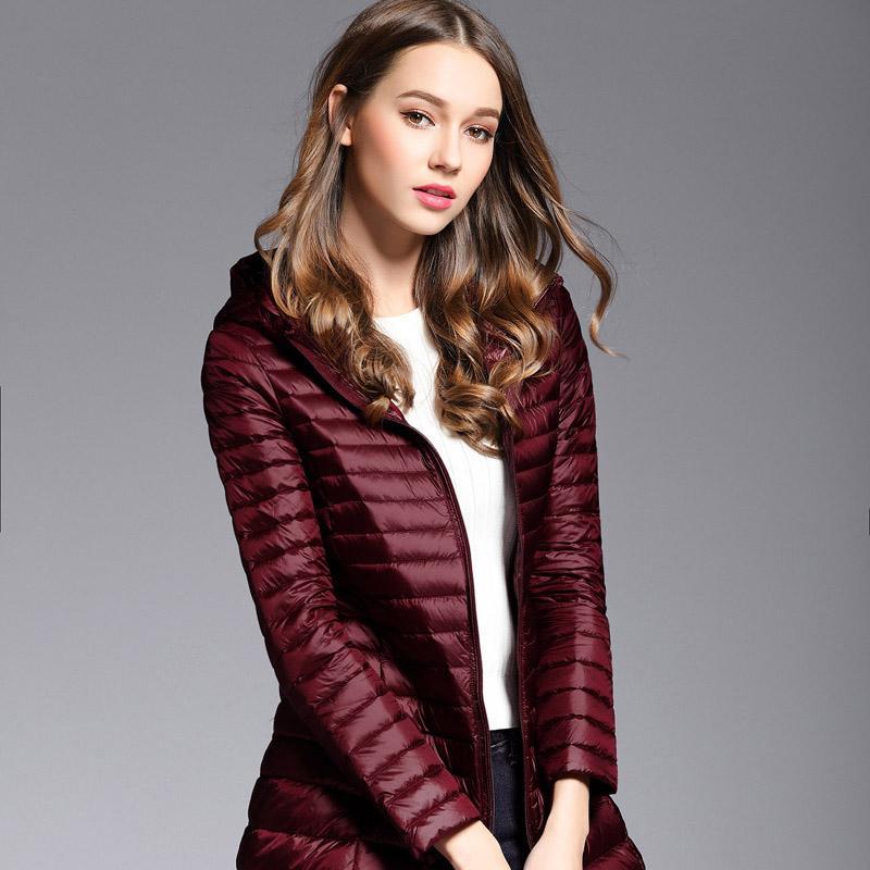 Kobieta, wiosenna, wyściełana, długa kurtka z kapturem, biały, kaczy puch, damski płaszcz, ultralekka, wąska, solidna kurtka, płaszcz, przenośne parki