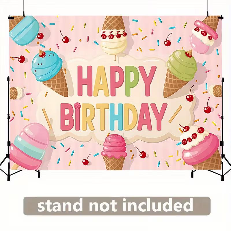 2D Pastel Ice Cream Cone Birthday Backdrop Cherry Sprinkle Kids Party Background