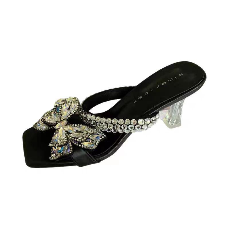 Fashion Women Crystal High Heels Slippers Luxury Sexy Sandals Square Toe Shoes Summer 2025 New Designer Party Shoes Open Toe Flip Flops