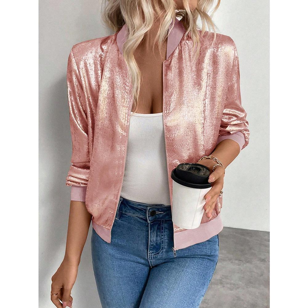 Women's Stand Collar Long Sleeve Metallic Zip-Up Bomber Jacket Regular Fit Casual Outerwear