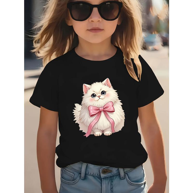 European sizes Girls' Casual Short Sleeve  T-Shirt - Soft Stretchy Round Neck Tee with Adorable White Kitten & Pink Bow Print, Spring Summer