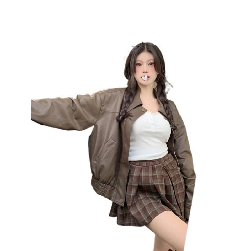 Women's High-End Retro PU Leather Coffee Jacket - Slimming, Windproof, Long Sleeve, Motorcycle Style.