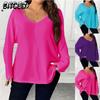 Women's Fashion Casual Solid Color Print Long Sleeve V Neck Blouses & Shirts