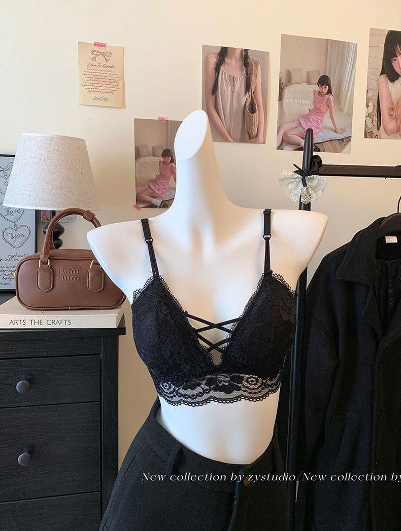 French Lace Wireless Push-Up Bandeau Bra - Sexy Cross Back One Size [80-125 jin] чёрный