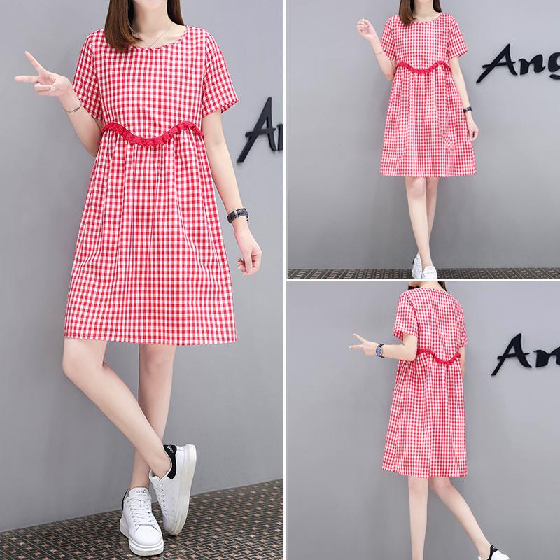 WTEMPO Dress Female Summer Dress Long Paragraph Casual Loose High Waist Doll Plaid A Word Skirt