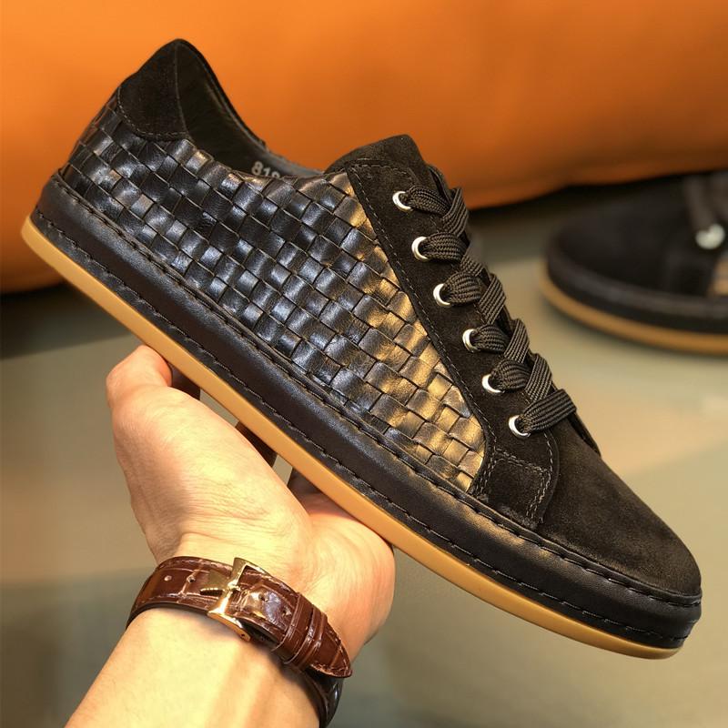 European Style Black Men Suede Shoes Genuine Leather Casual Sneakers Weaving Pattern Nature Leather Men Urban Daily Casual Shoes