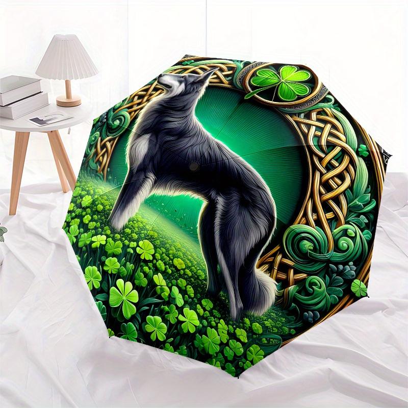 St. Patrick's Day Celtic Wolf Clover Wall Art PrintUmbrella, Portable 3-Fold Compact Umbrella for Men & Women Gift