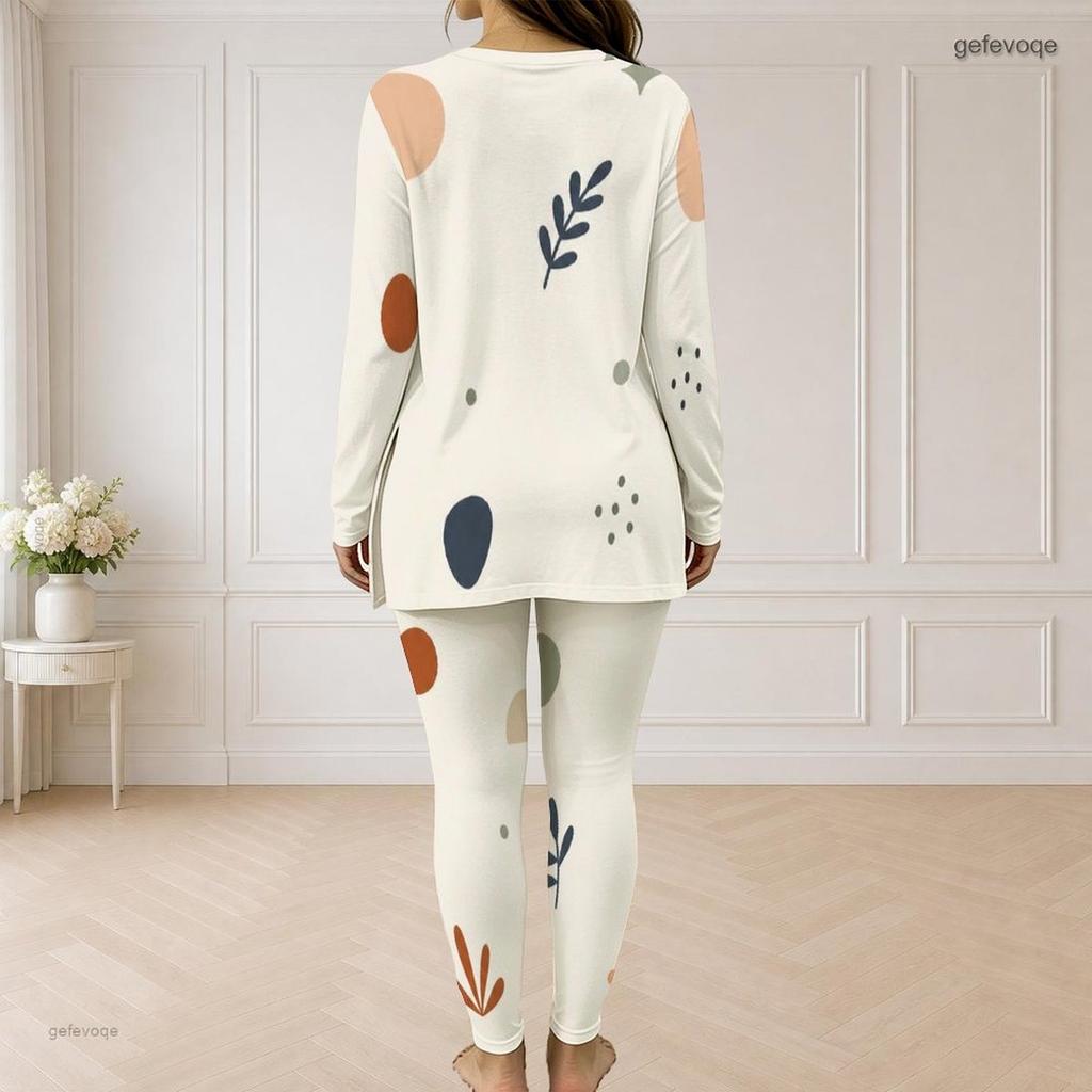 Women Plus Size Printed Two Piece Set Front Zip Long Sleeve Longline Top Fitted Pants