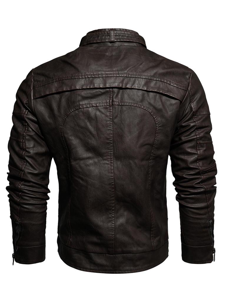 Herren Europäische & Amerikanische Slim Fit PU-Leder Motorradjacke mit Stehkragen und Plüschfutter
