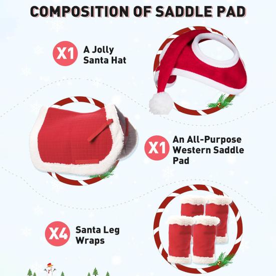 1/4/7Pcs Horse Christmas Costumes Red Santa Hat Horse Saddle Pad Leg Wraps Decoration Accessories Xmas Winter Holiday Party Supplies