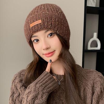 Herbst- und Winterpullover warme Wollmütze Damenmode Lederetikett gestrickte Konfinierungsmütze Outdoor-Radsport-Sportmütze