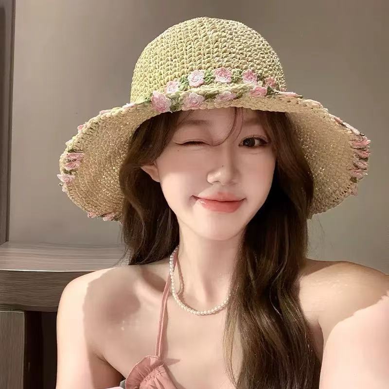 Women's seaside bucket hat vacation beach sun hat face cover sun hat sun hat foldable straw hat color