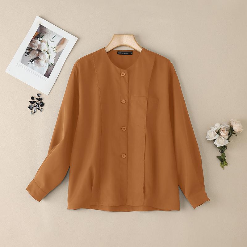 

ZANZEA Жіноча повсякденна блузка з круглим вирізом, однотонна, з довгим рукавом 5XL помаранчевий