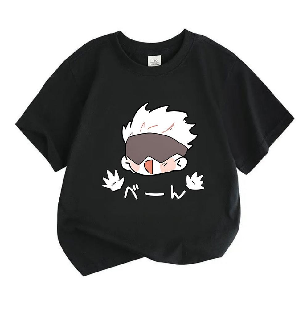 Kids Boys Girls 100% Cotton Crew Neck Short Sleeve T-Shirt, Cute Jujutsu Kaisen Satoru Gojo Cartoon Print Casual Soft Breathable Summer Top for Daily