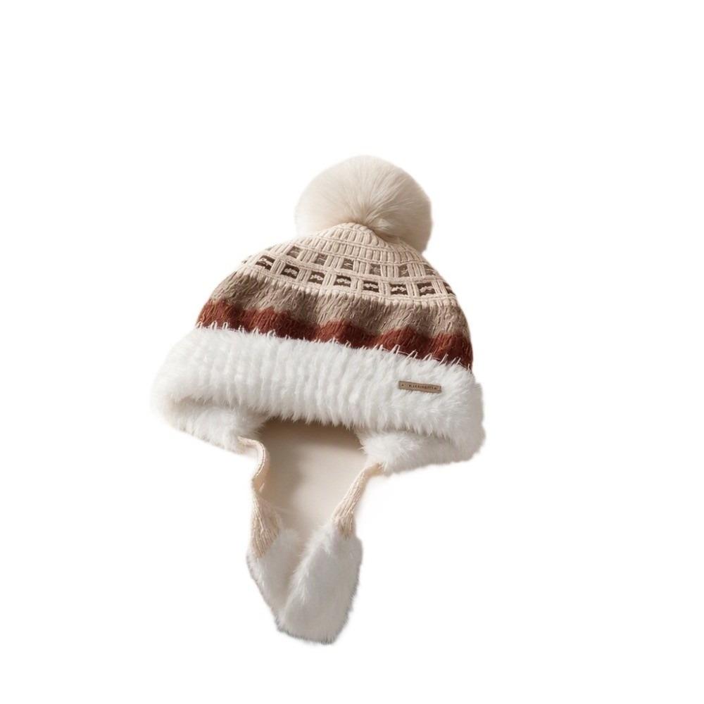 Pom Pom Ear Flap Hat Face Slimming Thick Plush Lined Hat Fair Isle Knitted Hat Outdoor Activities