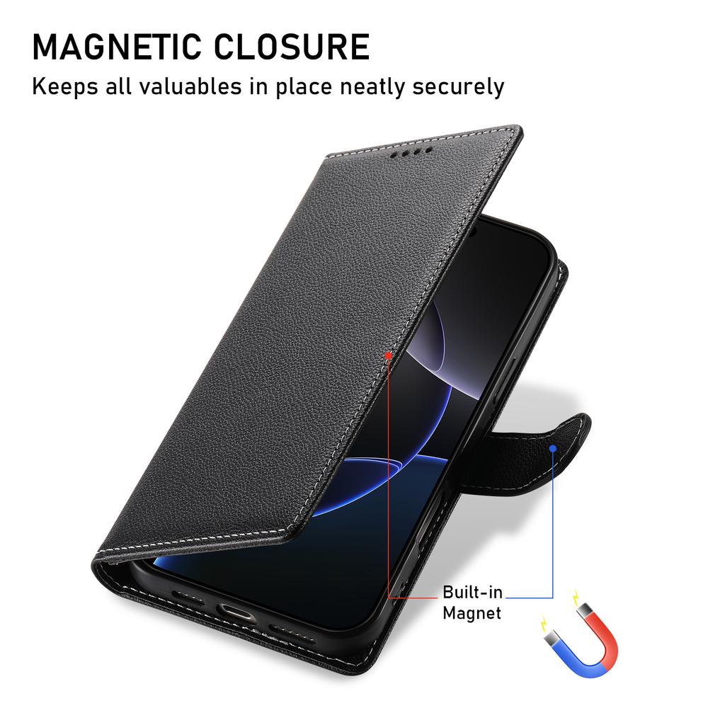For Xiaomi 15T Pro Case Magnetic Snap Litchi Texture Leather Wallet Phone Cover with Wrist Strap