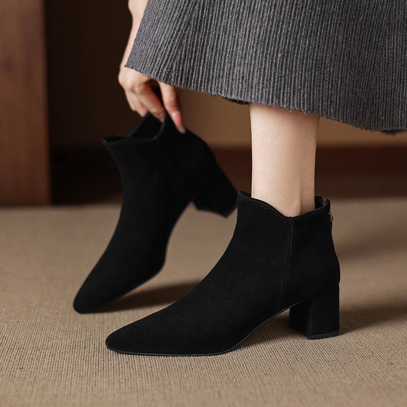 Krazing Pot Cow Suede Nubuck Pointed Toe Thick Heels Chelsea Boots Size 43 Zip Basic Clothing Women Ankle Boots