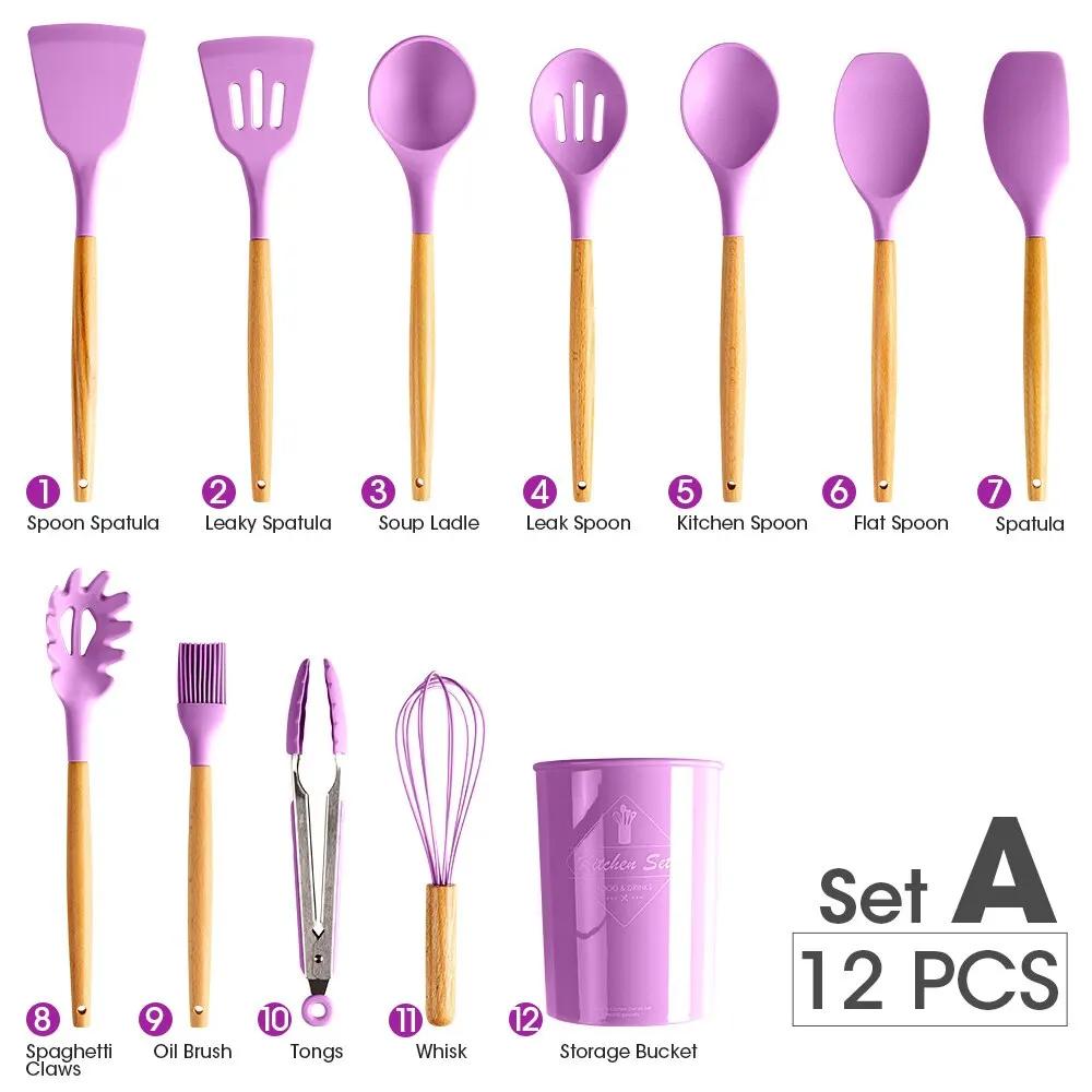 12Pcs Silicone Cooking Sets Spatula Shovel Soup Spoon Tongs Turner Cookware Wooden Handle Heat-Resistant Baking Utensils Set