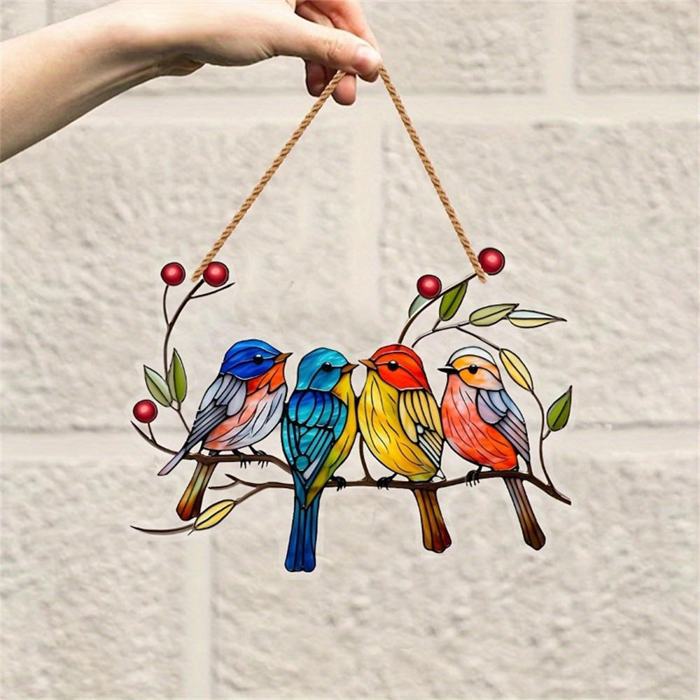 NEW Acrylic Painted Hummingbird Pendant Bird Floral Pattern Suncatcher Round Wreath Porch Window Outdoor Patio Hanging Ornaments