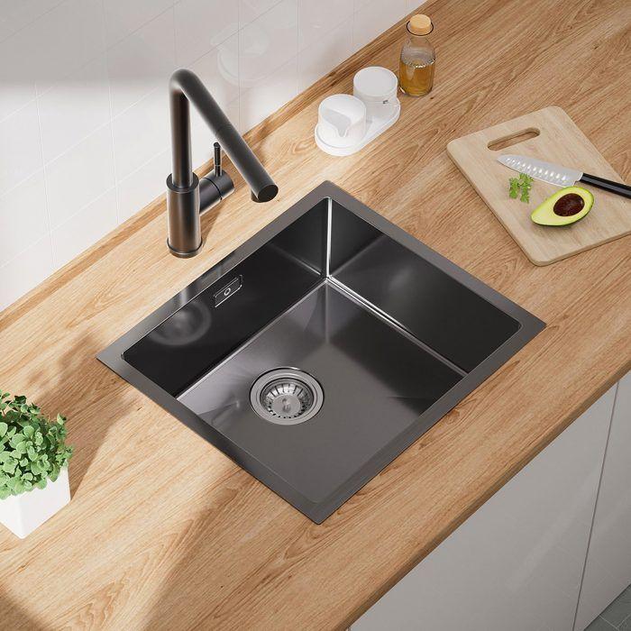 50x44cm Évier de Cuisine sous plan inox noir anthracite+mitigeur de cuisine