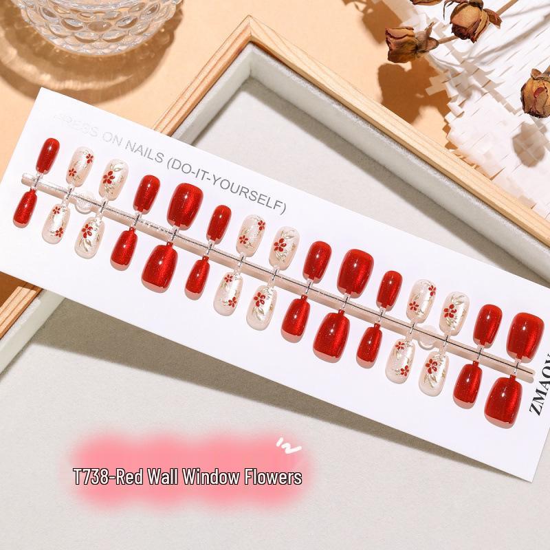 

Chinese Style Red Cat s Eye Press-On Nails - Festive Gilded Design, 30-Piece Set” Complete Set XS/S/M