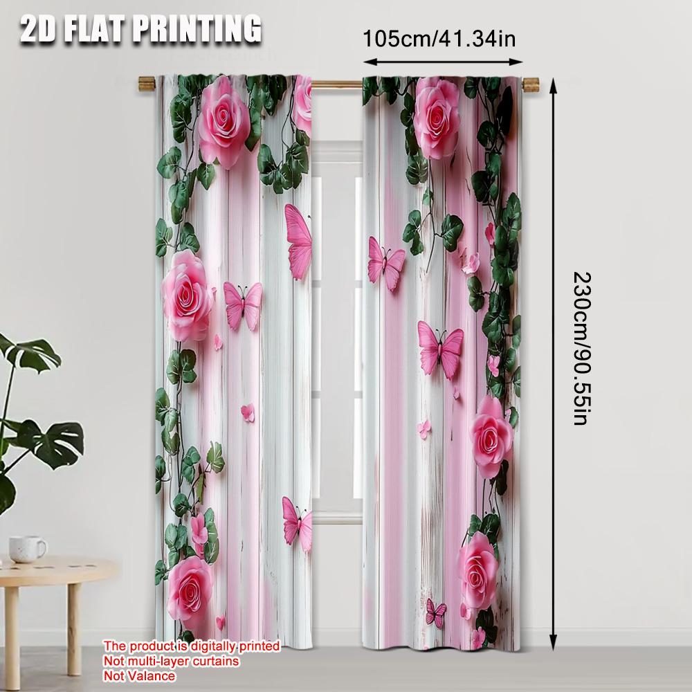 2pcs, Light Filtering Curtains 2D plane printing Garden Butterfly Print Machine Washable Fabric (without rod) Outdoor