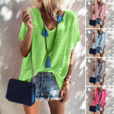 Women T-shirt V-Neck Short Sleeve Solid Color Tee Shirt Loose Fit Summer