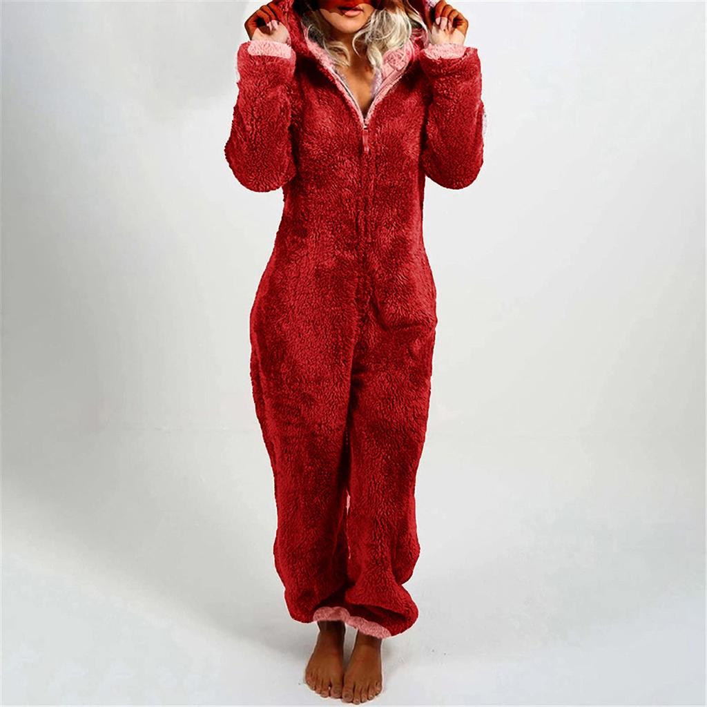 Women's Fashion Colour Home Plush Warm Hooded Casual Pajamas Soft And Comfortable Jumpsuit