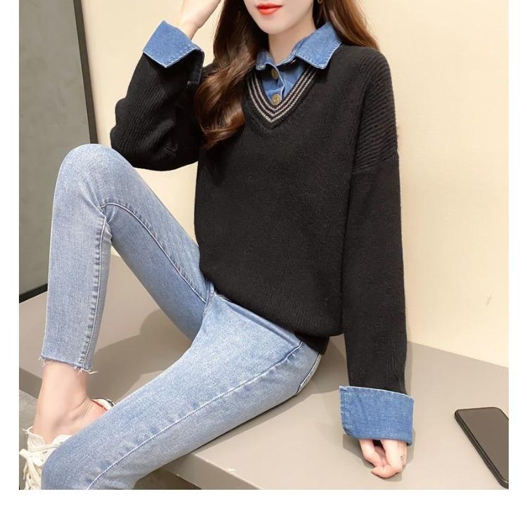 Fashion Women's Denim Patchwork Shirt Collar Sweater Autumn Winter Knit Loose Pullover Fake Two-Piece Top