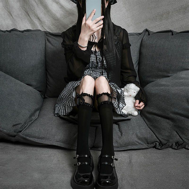 Lolita Lace Bow Calf Socks Velvet Women's Medium Tube Socks Knee Japanese Students Black and White Silk