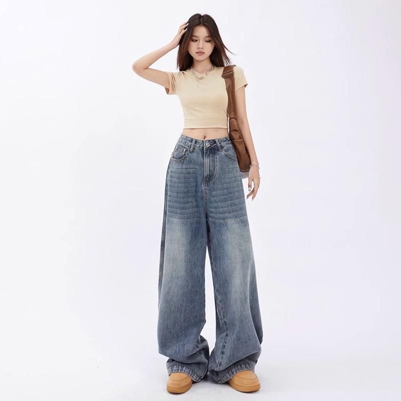 2024 Retro High Waist Wide Leg Jeans - Women's Slimming Loose Fit, Floor-Length Pants